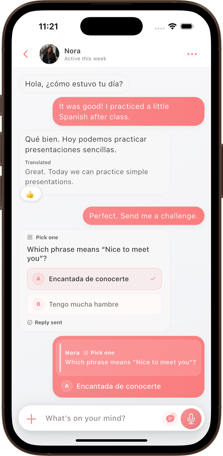 Meldi chat screen with translation and a language challenge