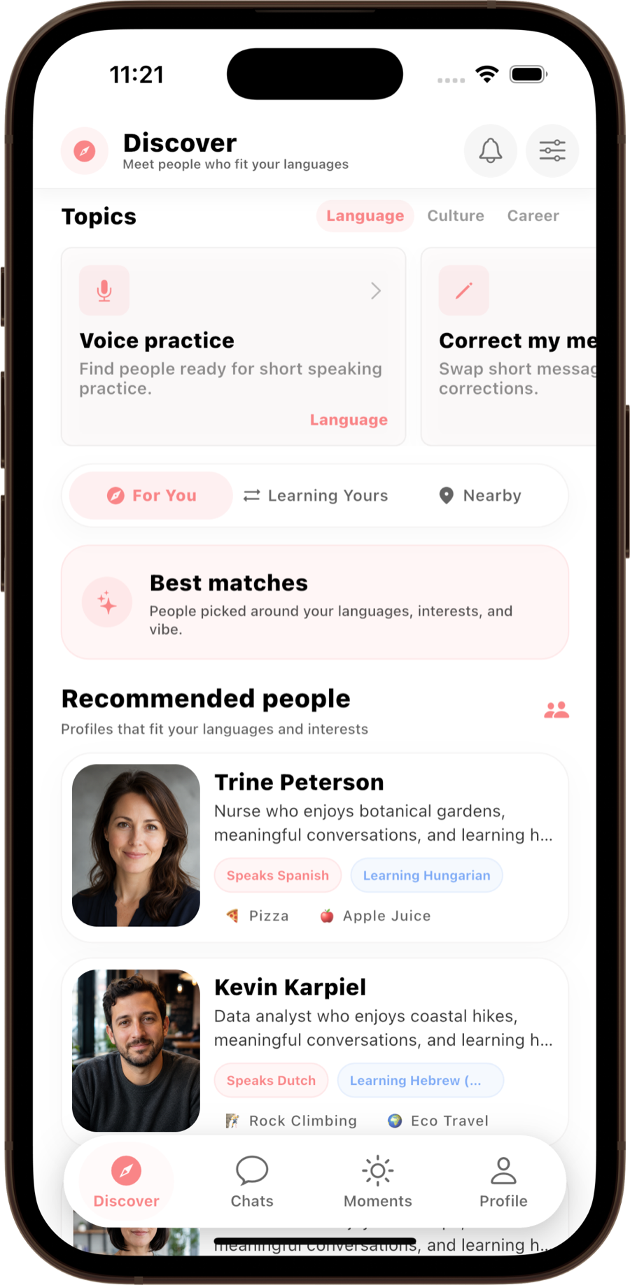 Meldi discover screen with recommended language partners