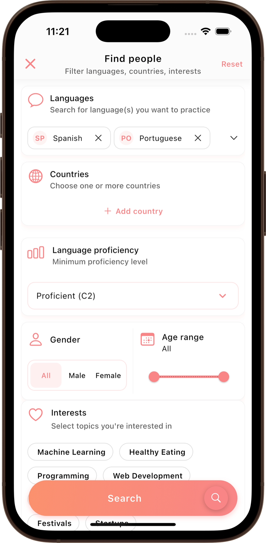 Meldi search filters for languages, countries, and interests