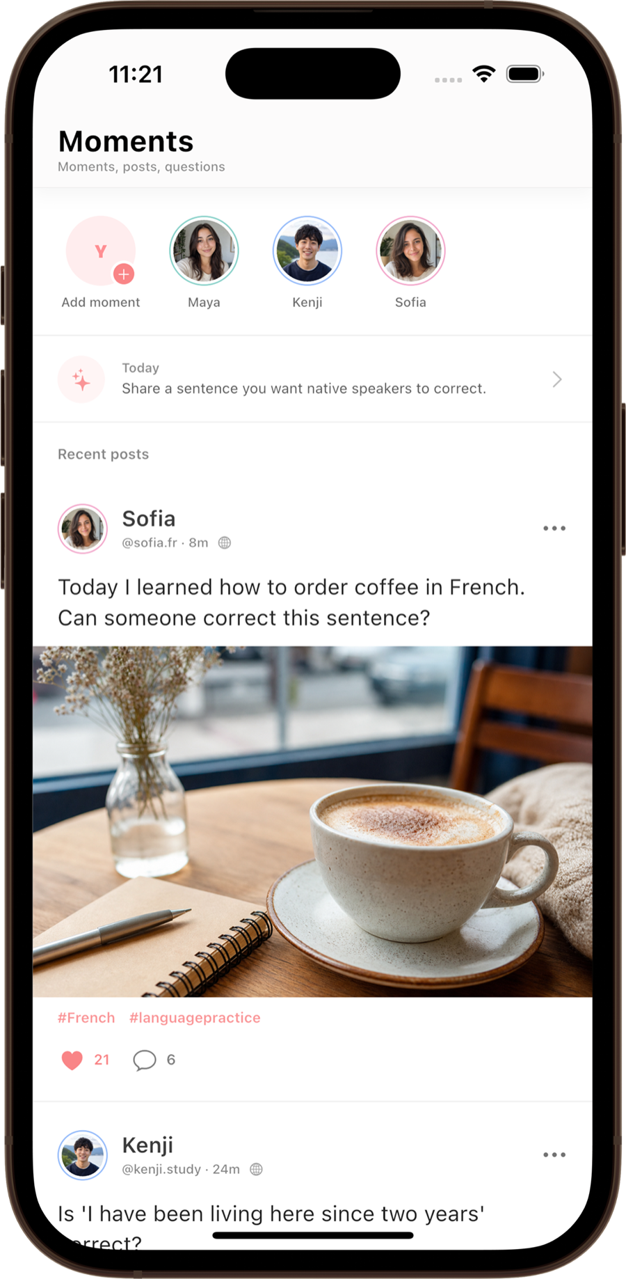 Meldi moments feed with language practice posts