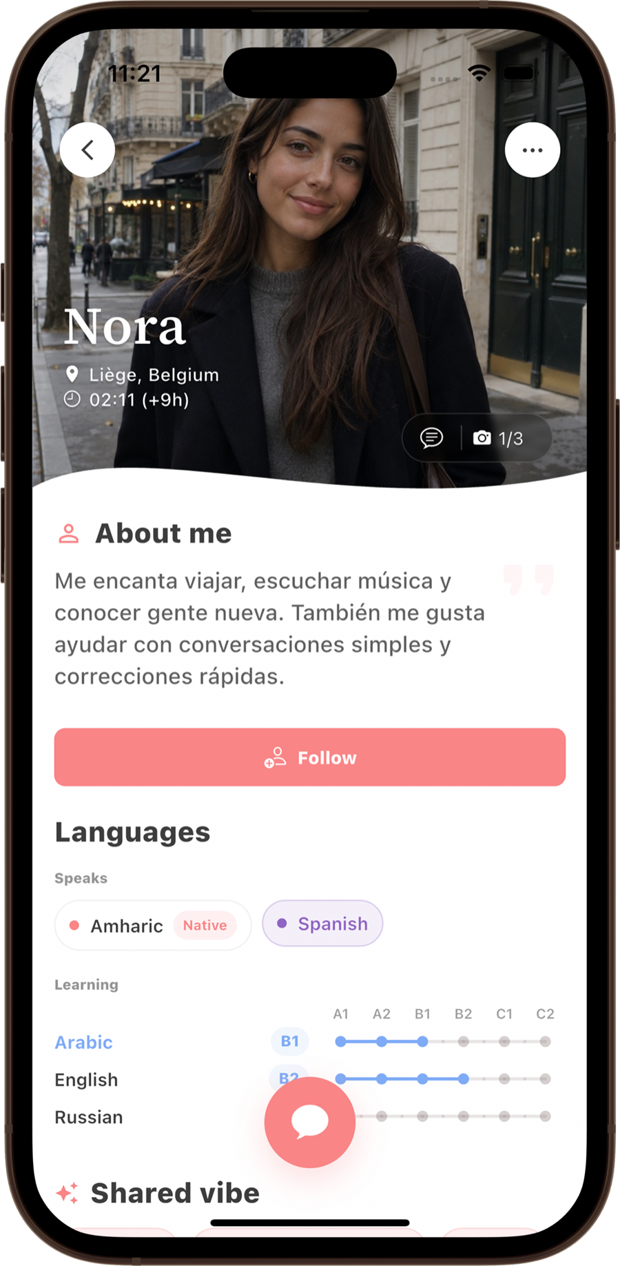 Meldi profile screen with languages and shared interests