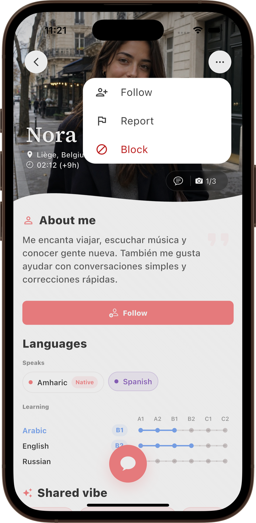 Meldi profile menu with follow, report, and block actions