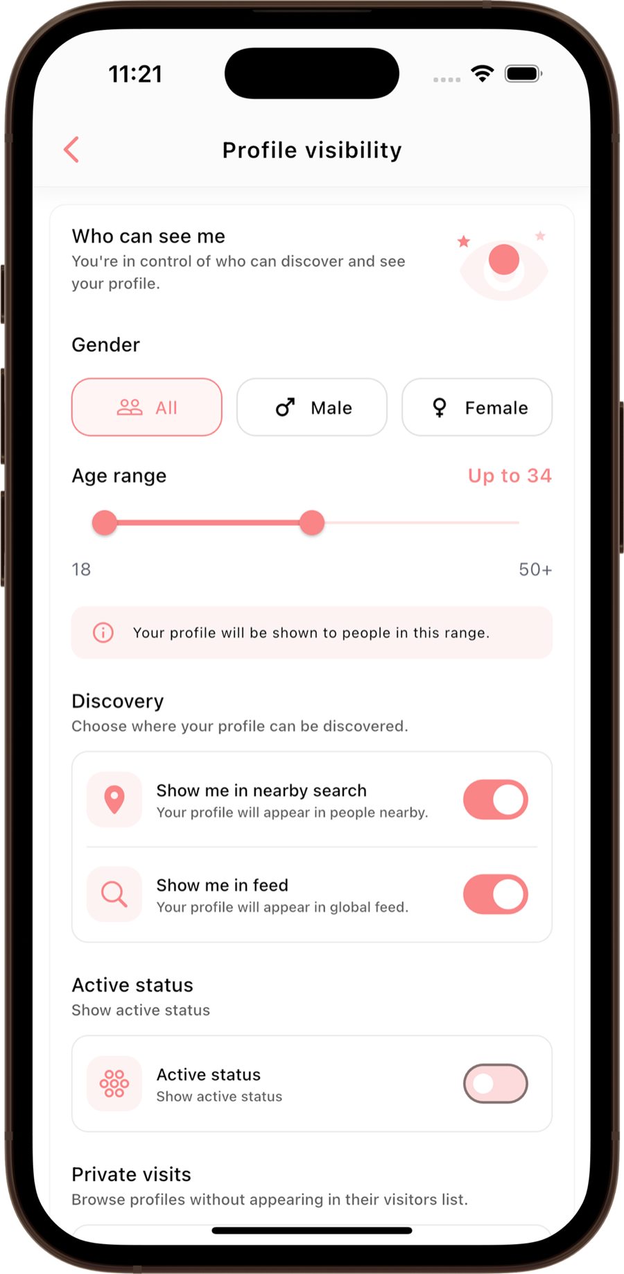 Meldi profile visibility controls